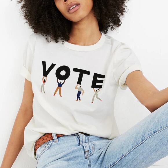 Madewell Vote Graphic Tomboy Short Sleeve Cream 100% Cotton Tee Shirt - Picture 1 of 12